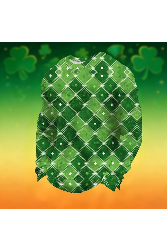 Men's Loose Fit Waffle Knit Sweatshirt - St. Patrick's Day Argyle Starlight Print Green XXXL Gifts