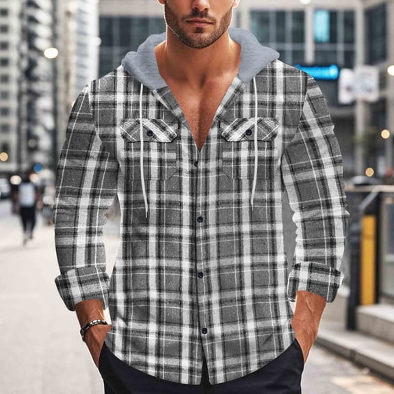 Ceisia Men's Loose Hooded Flannel Tartan Jacket Buttoned Pocket Long Sleeve Casual Gift Outerwear