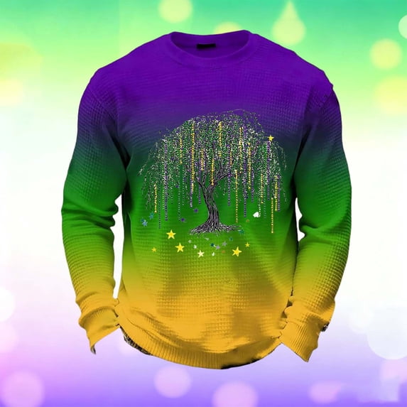 Ceisia Men's Mardi Gras Gradient Waffle-Knit Sweatshirt | Relaxed Spring/Summer Casual Top Gift