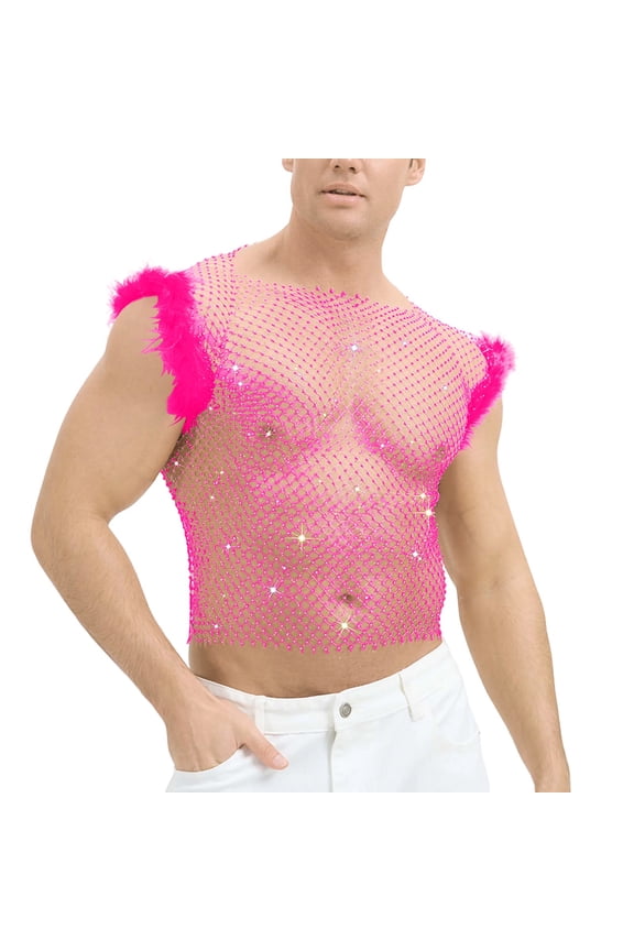 Men's Mesh Crop Top Sheer See Through Short Sleeve Shirt for Rave Party Hot Pink XL Gift