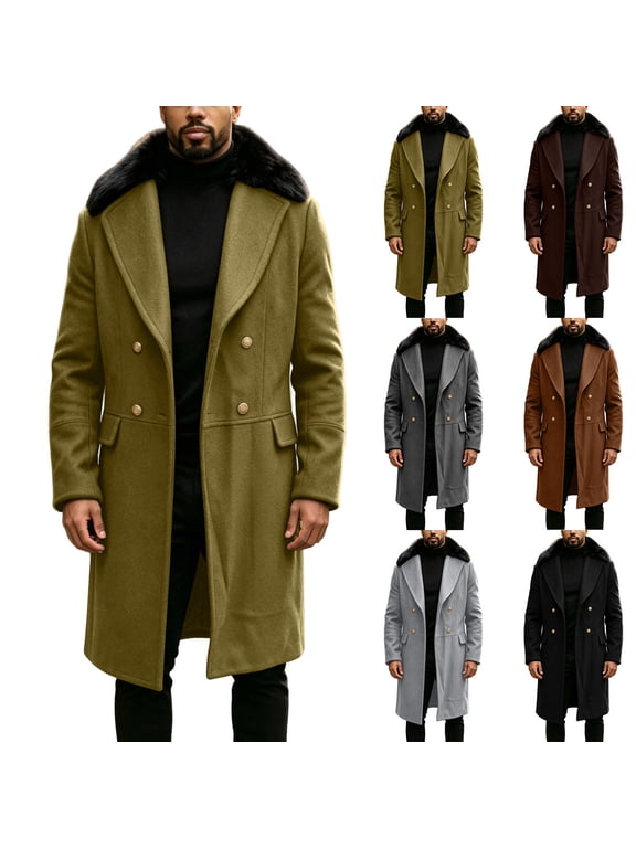 Men's Mid Length Double Breasted Wool Blend Overcoat Faux Fur Lapel Collar Slim Fit Warm Winter Trench Coat Gift
