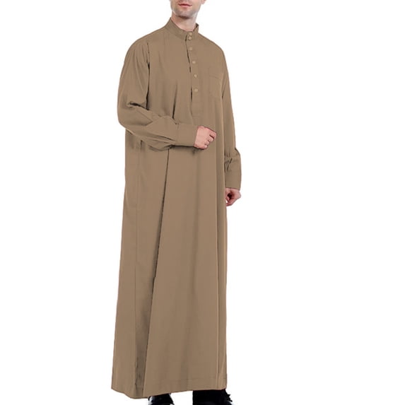 Ceisia Men's Middle Eastern Arabic Qatari Thawb Robe Standing Collar Long Sleeve Chest Pocket Metal Button Traditional Costume Gifts for Father