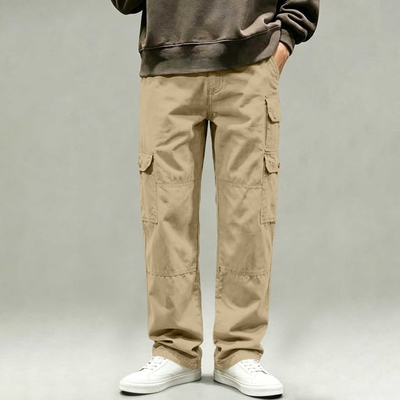 Ceisia Men's Multi Pocket Cargo Pants Casual Loose Fit Straight Leg Streetwear Trousers Khaki XXXL Gift