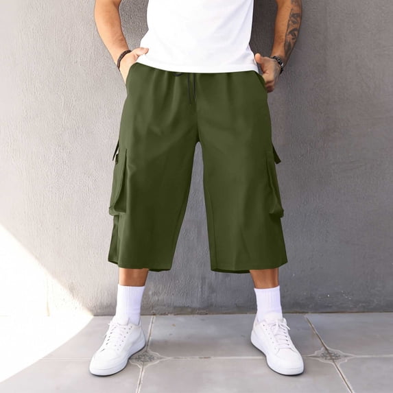 Ceisia Men's Multi Pocket Wide Leg Capri Pants Elastic Waist Drawstring ...
