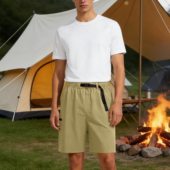 Ceisia Men's Nylon Spandex Solid Cargo Shorts with Buckle Waistband Drawstring Multi-Pockets Stretchy Summer Outdoor Workwear Pants Khaki Gifts for Father L