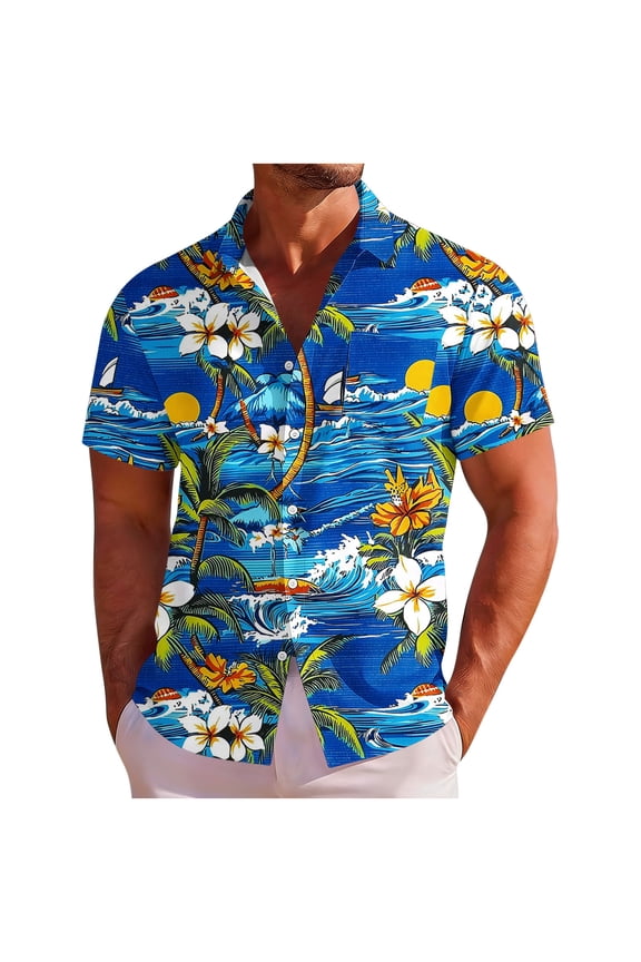 Men's Ocean Wave Floral Print Hawaiian Shirt Short Sleeve Button Down Summer Vacation Shirt Blue M Gifts for Father