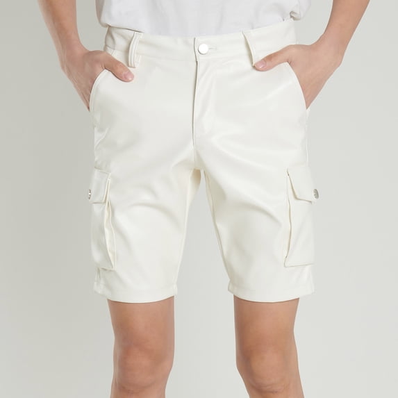 Ceisia Men's PU Leather Shorts Elastic Waist Rave Pants Zipper Men Sexy Shorts with Pockets for Club Party Gifts for Father White 2X