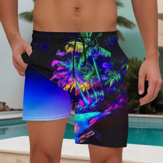 Ceisia Men's Palm Tree Print Elastic Waist Drawstring Double Layer Beach Swim Trunks Summer Shorts Gifts for Father Multicolor L
