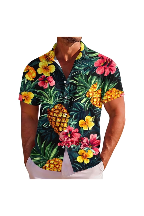 Men's Pineapple Tropical Flower Print Hawaiian Shirt Short Sleeve Button Down Summer Beach Shirt Army Green M Gifts for Father