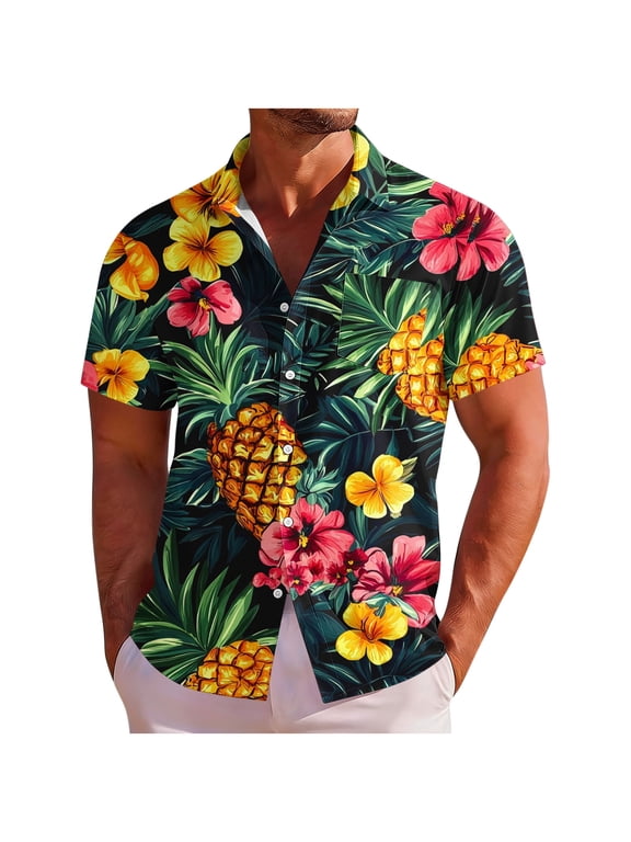 Men's Pineapple Tropical Flower Print Hawaiian Shirt Short Sleeve Button Down Summer Beach Shirt Army Green XL Gifts for Father