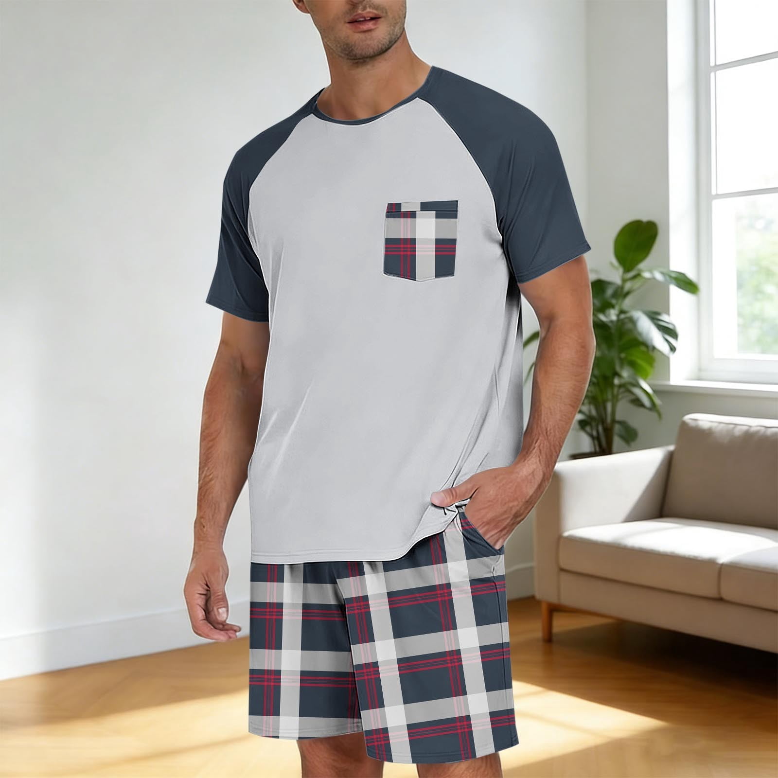 Ceisia Men's Plaid Print Raglan Sleeve Pajama Set Short Sleeve T Shirt ...