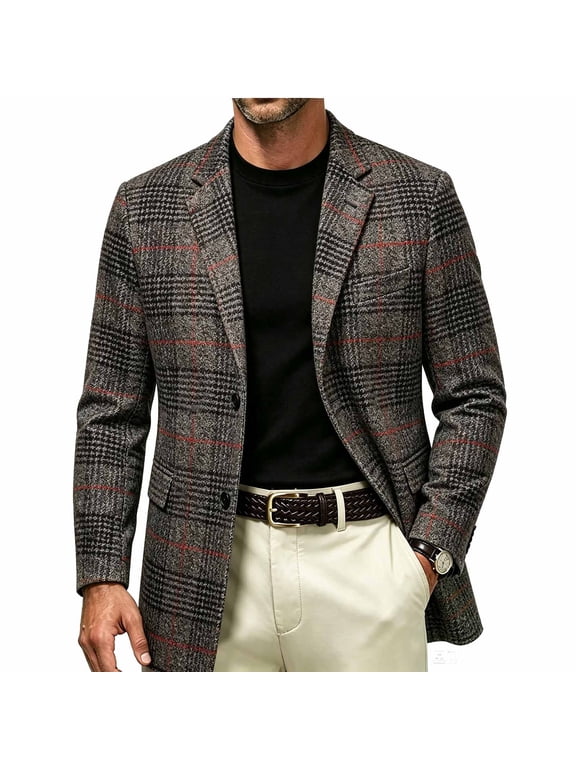 Men's Plaid Tweed Blazer Notched Lapel Button Front Long Sleeve Pocket Casual Sport Coat Jacket For Business Occasion Gift