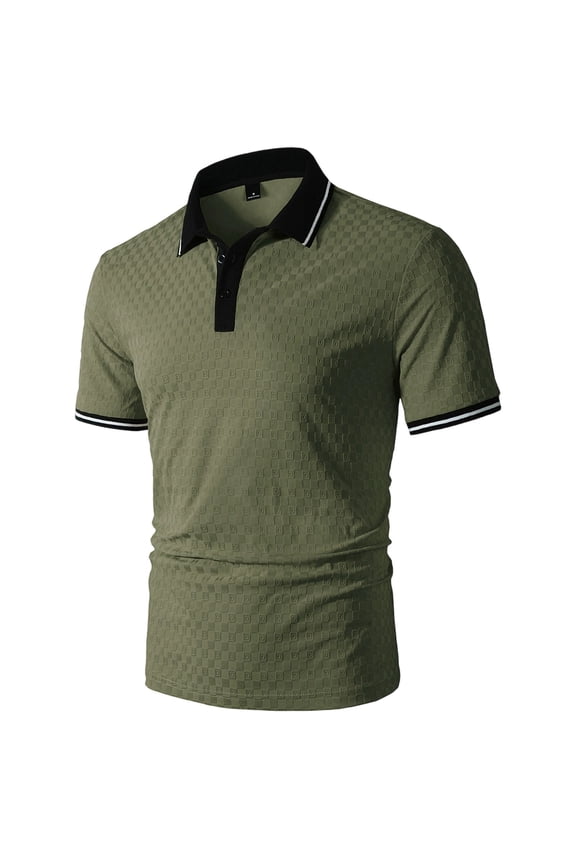 Men's Polo Shirt | Slim Fit Short Sleeve Checkered Embossed Polo | Stretch Breathable Contrast Trim (Multiple Colors) Gift