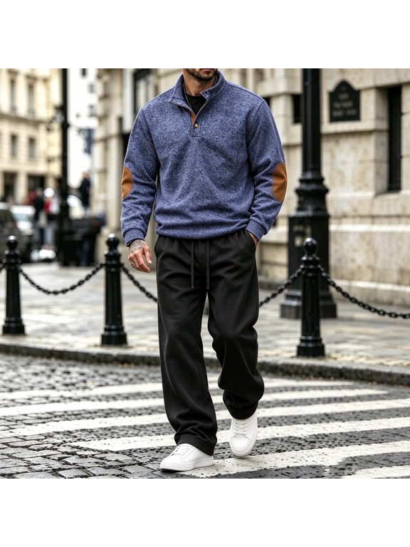 Men's Quarter‑Button Stand Collar Fleece Tracksuit Elbow Patch Sweatshirt Straight Drawstring Pants 2 Piece Suit Blue M Gift