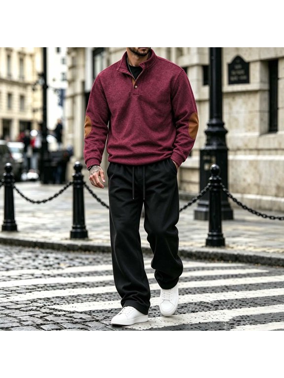Men's Quarter‑Button Stand Collar Fleece Tracksuit Elbow Patch Sweatshirt Straight Drawstring Pants 2 Piece Suit Red XXXL Gift