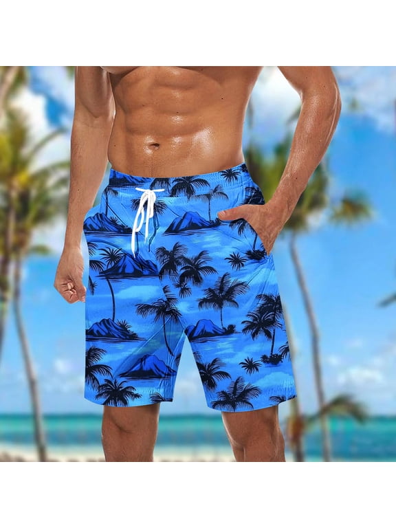 Men's Quick Dry Swim Trunks with Blue Palm Tree Print Elastic Waist Beach Shorts Dark Blue XL Gifts for Father