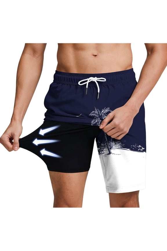 Men's Quick Dry Swim Trunks with Compression Liner and Palm Print Navy XXXL Big & Tall Gifts for Father