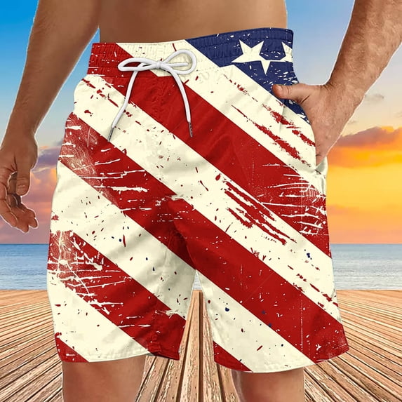 Ceisia Men's Quick Dry Swim Trunks with Diagonal Stripe Print Elastic Waist White M Gifts for Father