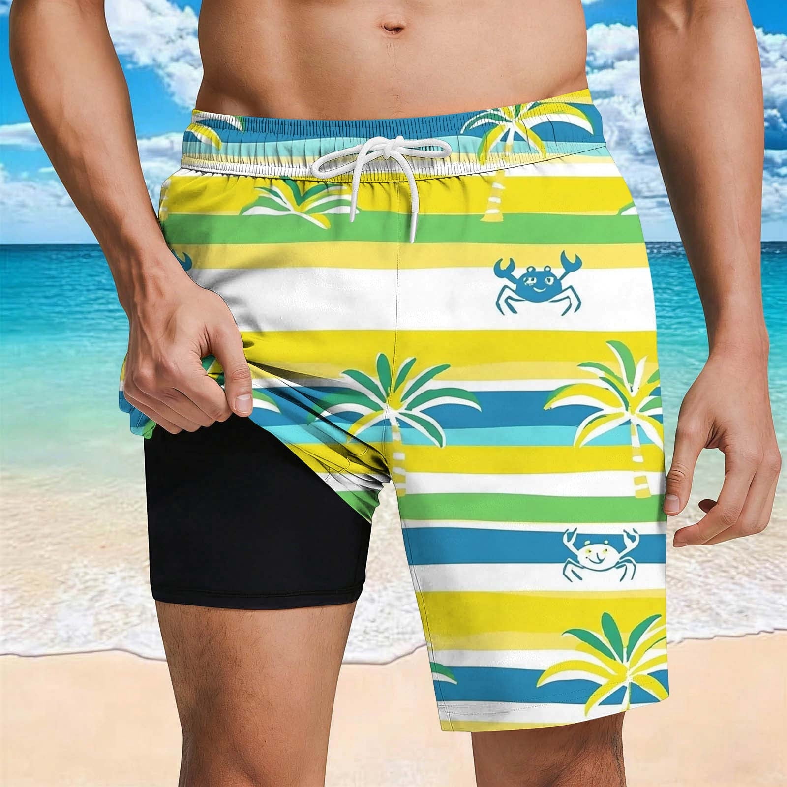 Ceisia Men's Quick Dry Tropical Print Beach Shorts with Double-Layer ...