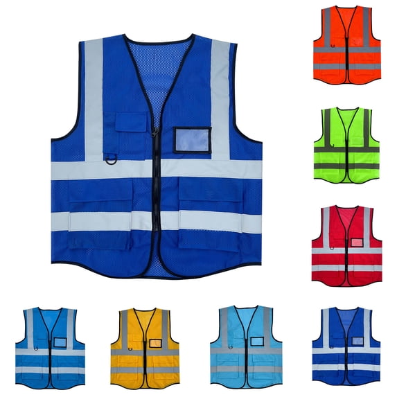 Ceisia Men's Reflective Safety Vest with Zipper Pockets Mesh Construction Workwear Sleeveless Protective Jacket Blue Free Size Gifts