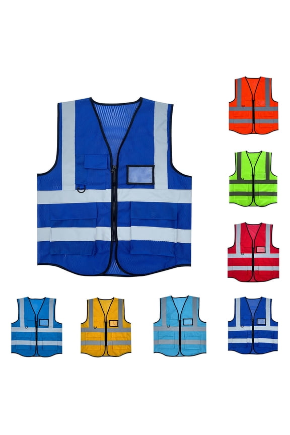 Men's Reflective Safety Vest with Zipper Pockets Mesh Construction Workwear Sleeveless Protective Jacket Blue Free Size Gifts