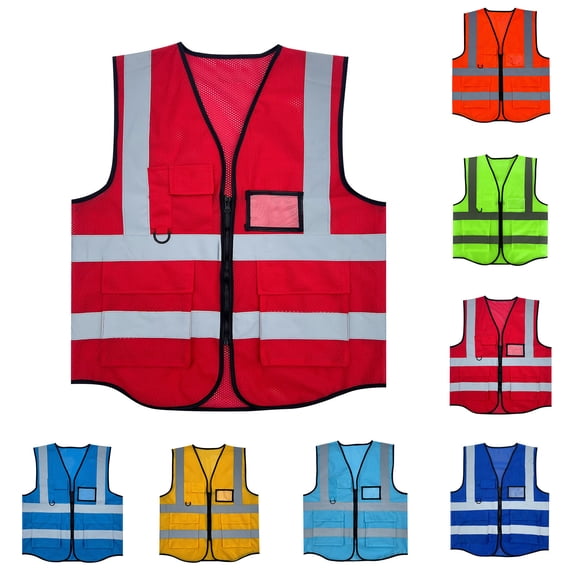 Ceisia Men's Reflective Safety Vest with Zipper Pockets Mesh Construction Workwear Sleeveless Protective Jacket Red Free Size Gifts