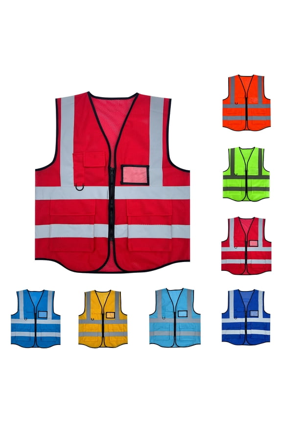 Men's Reflective Safety Vest with Zipper Pockets Mesh Construction Workwear Sleeveless Protective Jacket Red Free Size Gifts
