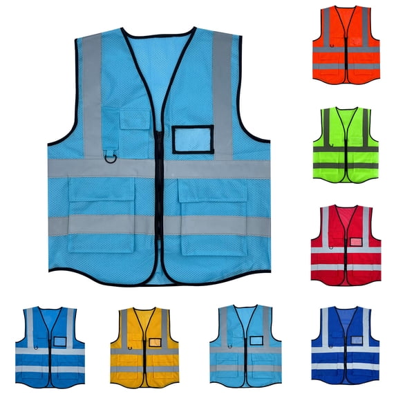 Ceisia Men's Reflective Safety Vest with Zipper Pockets Mesh Construction Workwear Sleeveless Protective Jacket Sky Blue Free Size Gifts