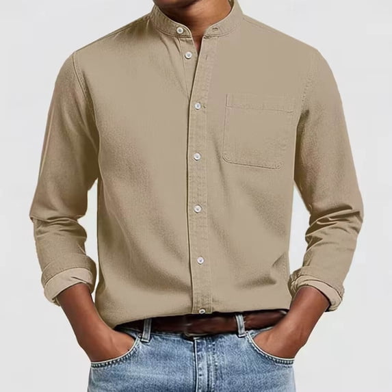 Ceisia Men's Regular-Fit Stand-Collar Single-Patch-Pocket Long-Sleeve Shirt Multi-Solid Gift