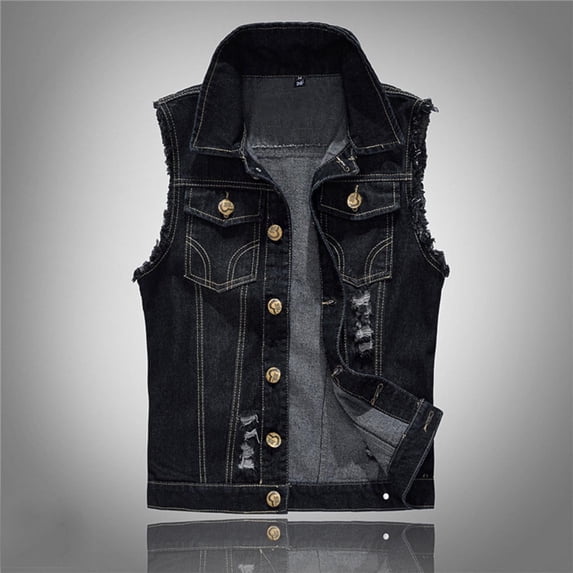 Ceisia Men's Regular-Fit Turn-Down Collar Single-Breasted Distressed Denim Sleeveless Vest Gift