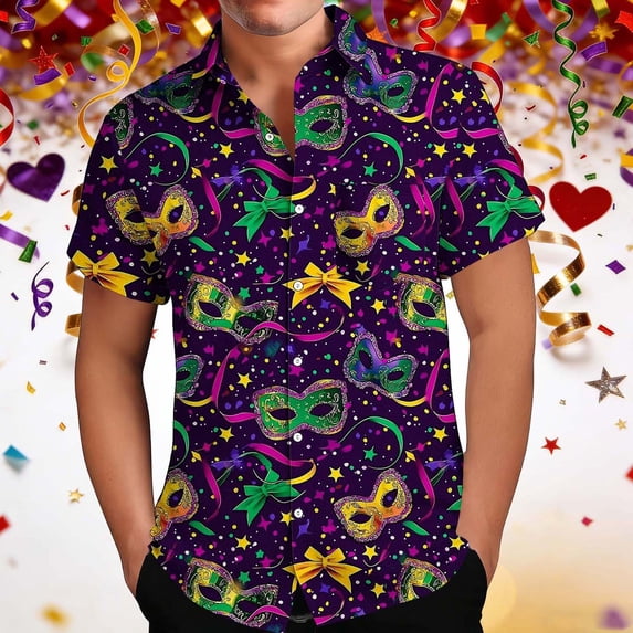 Ceisia Men's Regular Loose Short-Sleeve Mardi Gras Themed Shirt Carnival Element Print Spring Summer Shirt Gift