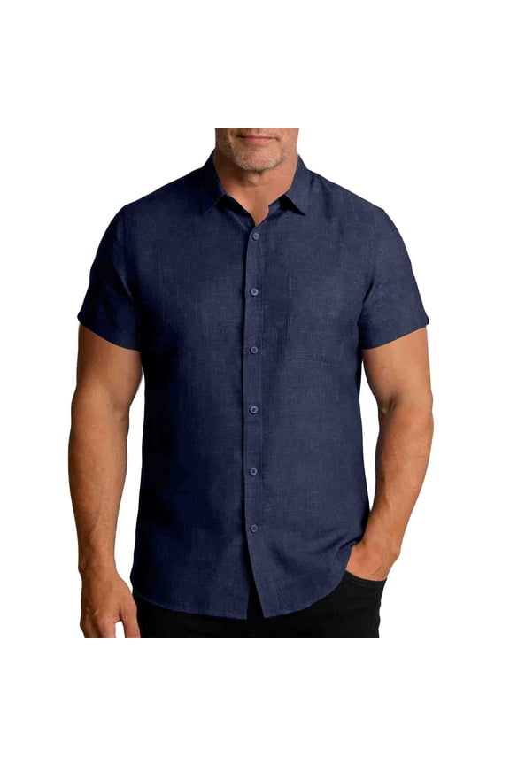 Men's Regular Straight Short Sleeve Flax Shirt Solid Color Casual Spring Summer Shirt Gift