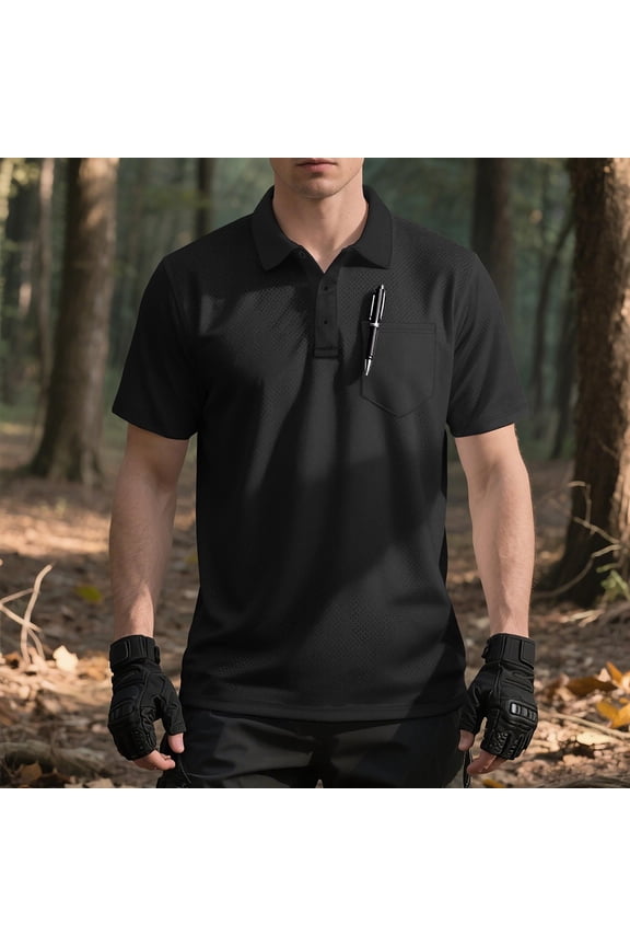 Men's Regular Straight Short-Sleeve Functional Polo Shirt Breathable Mesh Chest Pocket Spring Summer Shirt Gift
