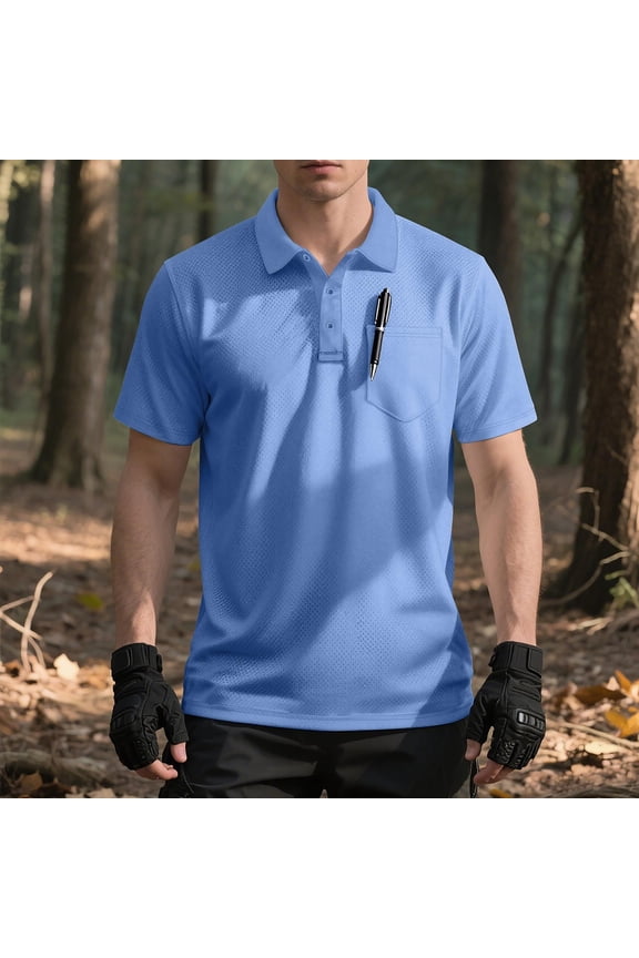 Men's Regular Straight Short-Sleeve Functional Polo Shirt Breathable Mesh Chest Pocket Spring Summer Shirt Gift