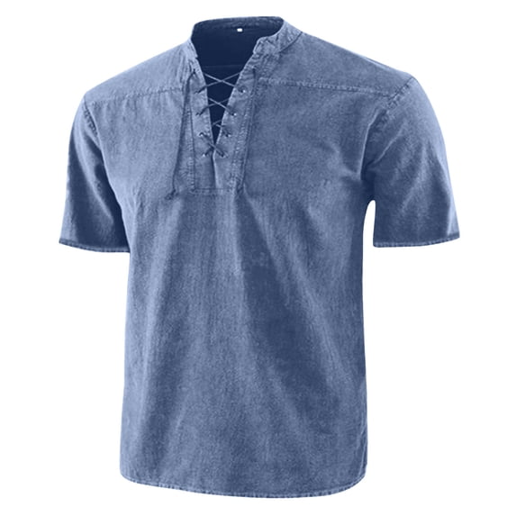 Ceisia Men's Regular Straight Short Sleeve Henley Top Lace-Up V-Neck Vintage Texture Spring Summer Shirt Gift