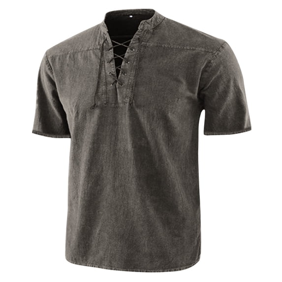 Ceisia Men's Regular Straight Short Sleeve Henley Top Lace-Up V-Neck Vintage Texture Spring Summer Shirt Gift
