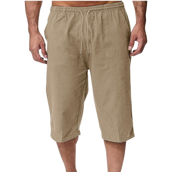 Ceisia Men's Relaxed Cotton Linen Capris Drawstring Elastic Waist Side Pockets Casual Summer Pants Khaki L Gifts for Father