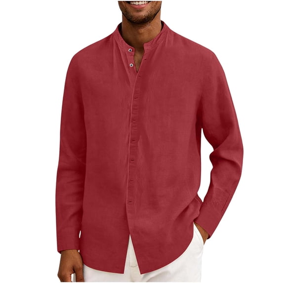 Ceisia Men's Relaxed Fit Linen Blend Stand Collar Shirt, Solid Color Long Sleeve Casual Button-Up Top Gifts