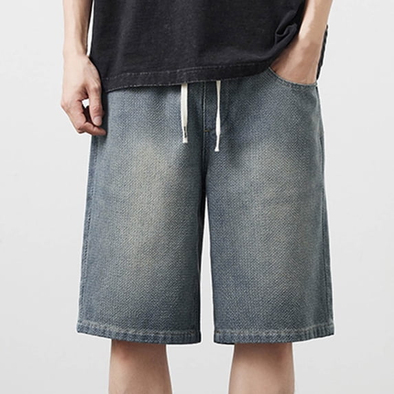 Ceisia Men's Relaxed Fit Straight Leg Denim Shorts Drawstring Elastic Waist 5-Pocket Jean Shorts Gift