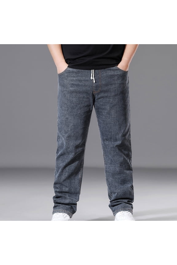 Men's Relaxed Fit Straight Leg Jeans Elastic Drawstring Waist Casual Denim Pants Gift