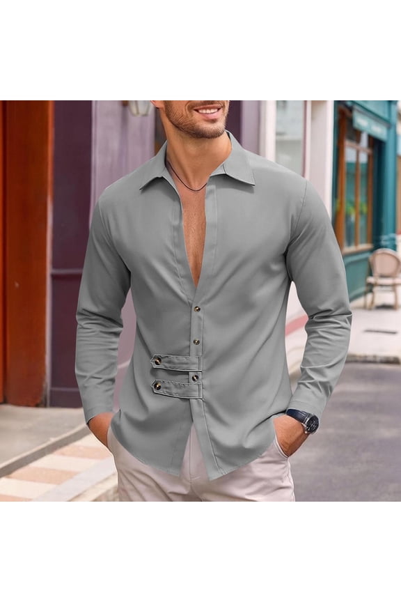 Men's Relaxed Fit Stretch Long Sleeve Turndown Collar Shirt with Asymmetric Placket Gray S Gifts
