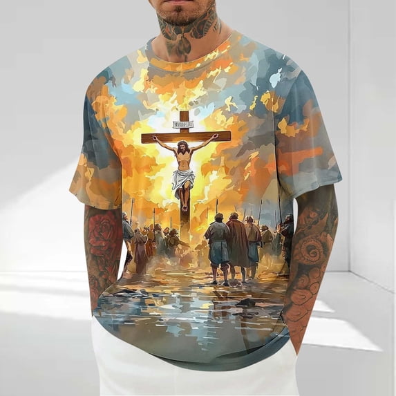 Ceisia Men's Religious Cross Print T-shirt Loose Fit Short Sleeve Round Neck Casual Easter Fashion Tee Tops Yellow S Gifts