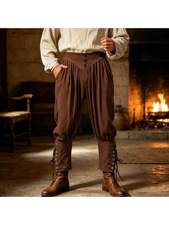 Men's Renaissance Pirate Pants High Waist Button Front Lace Up Ankle Banded Medieval Cosplay Harem Trousers Brown XXL Gift
