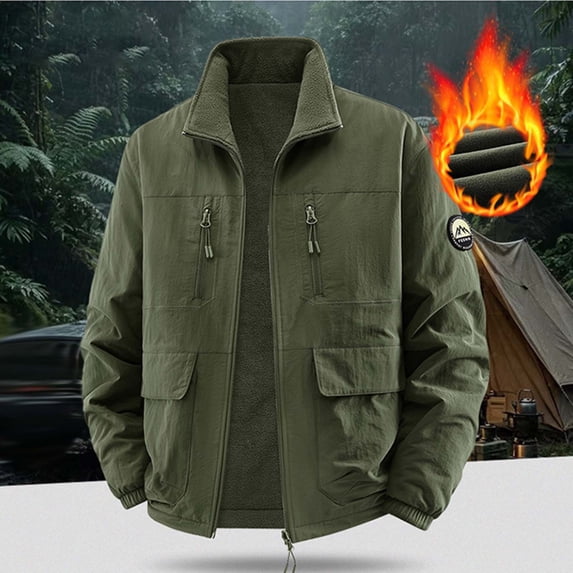 Ceisia Men's Reversible Fleece Lined Windproof Water Resistant Stand Collar Jacket Full Zip Multi Pocket Outdoor Outerwear Gift