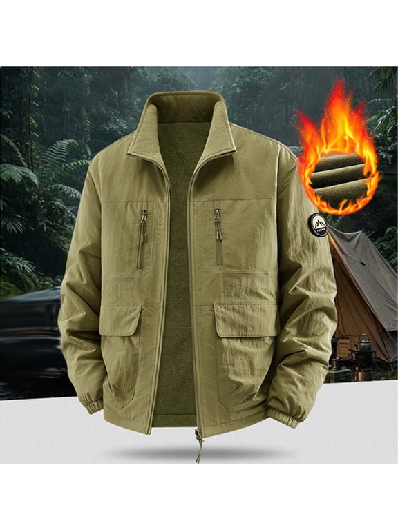 Men's Reversible Fleece Lined Windproof Water Resistant Stand Collar Jacket Full Zip Multi Pocket Outdoor Outerwear Gift