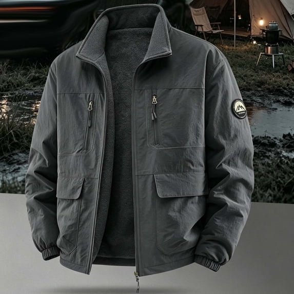 Ceisia Men's Reversible Fleece Lined Windproof Water Resistant Stand Collar Jacket Full Zip Multi Pocket Outdoor Outerwear Gift