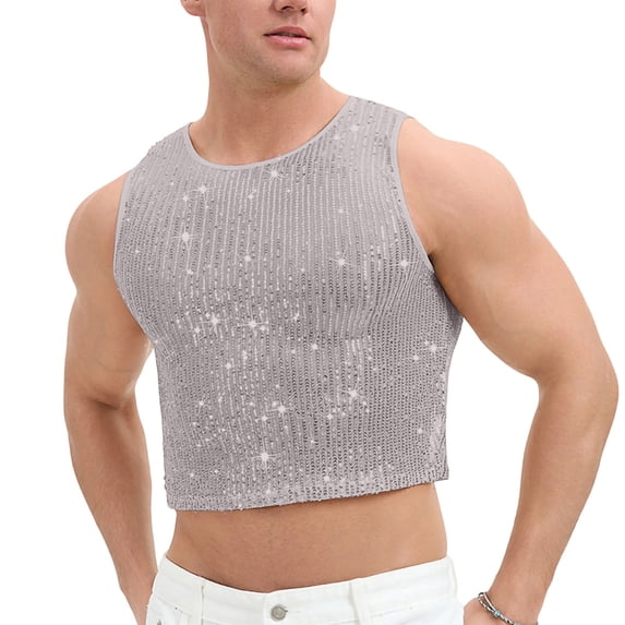 Ceisia Men's Rhinestone Mesh Crop Top Sleeveless Sheer Tank Top for Party Club Gray XXL Gift