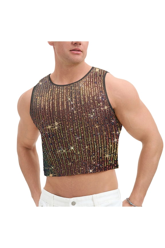 Men's Rhinestone Mesh Crop Top Sleeveless Sheer Tank Top for Party Club Multicolor XL Gift