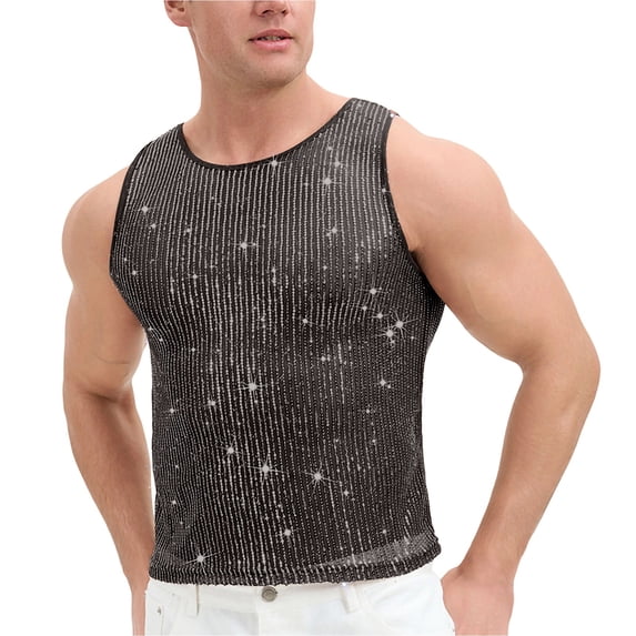 Ceisia Men's Rhinestone Mesh Tank Top Sleeveless Sheer See Through Shirt for Rave Black L Gift