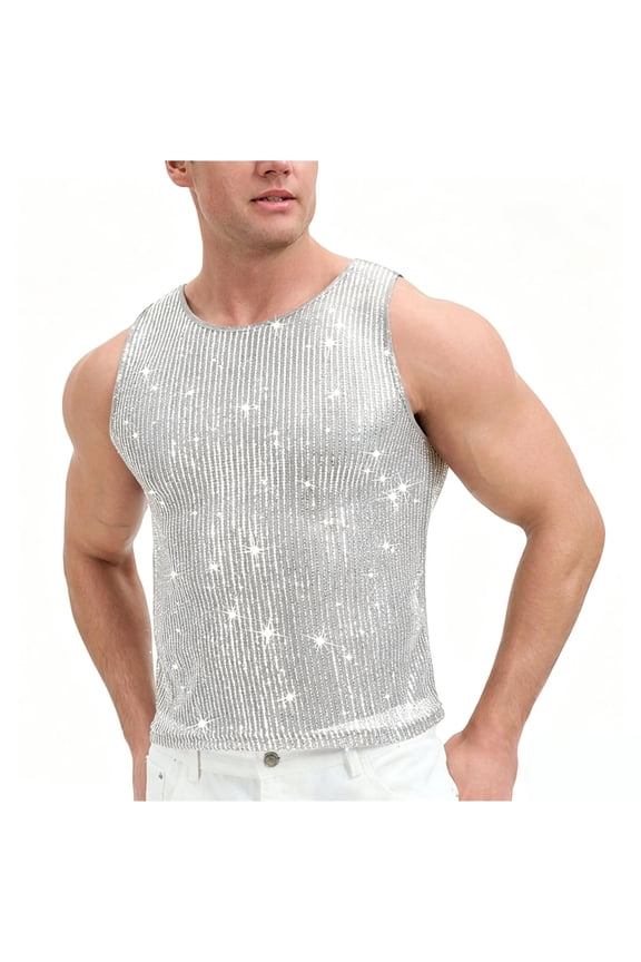 Men's Rhinestone Mesh Tank Top Sleeveless Sheer See Through Shirt for Rave Silver XXL Gift